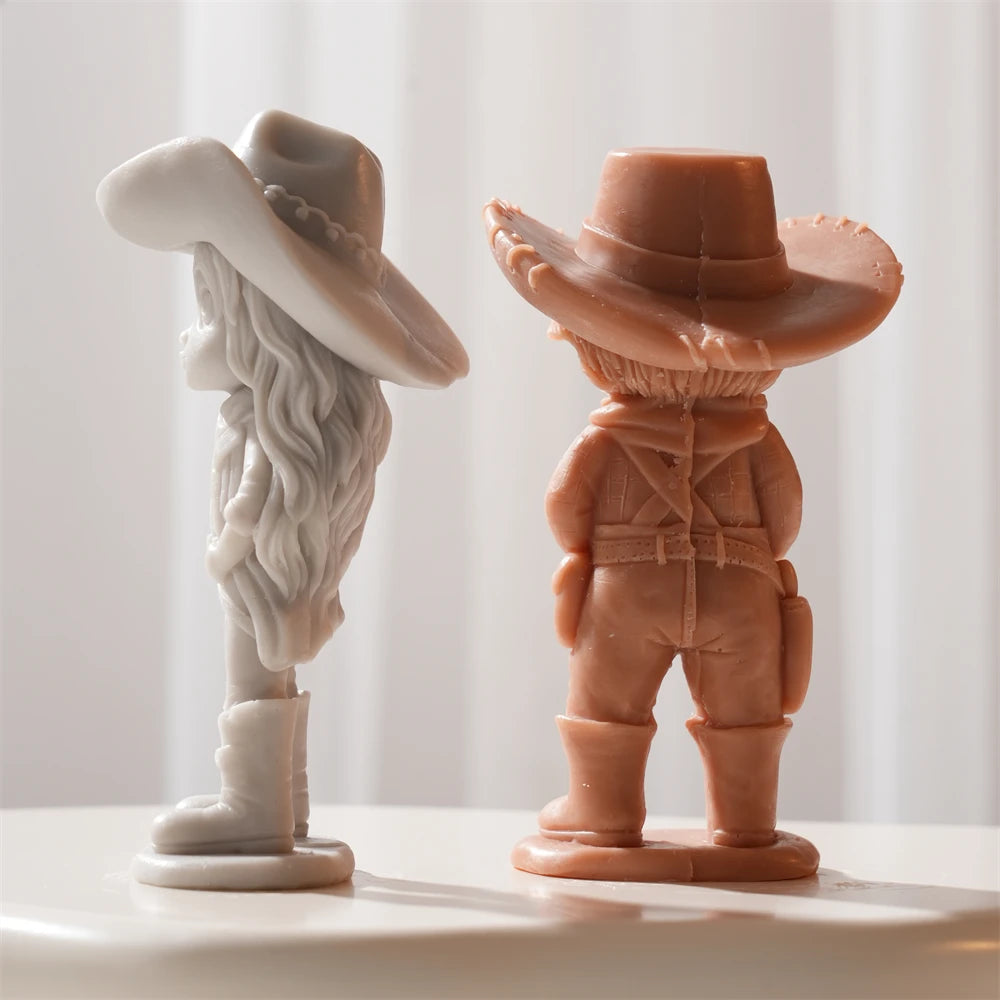 Rear and side views of western figures with hats and boot details