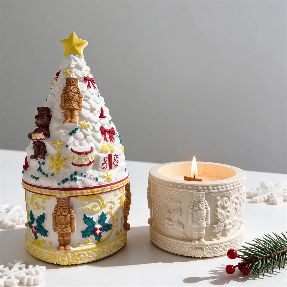 Front view of star-topped Christmas tree lid beside candle-like vessel display