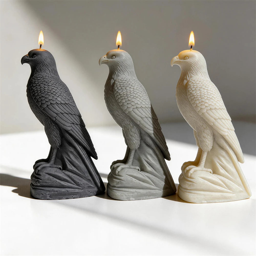 Angled view of perched falcons with long tails and standing bases