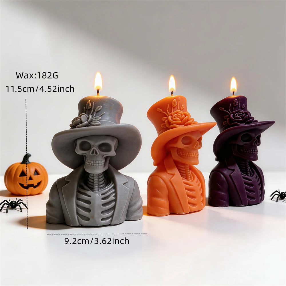 Top hat skeleton candle size diagram with 11.5 cm height, 9.2 cm width and 182 g wax reference