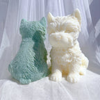 Rear of green terrier casting beside front-facing cream dog showing coat texture