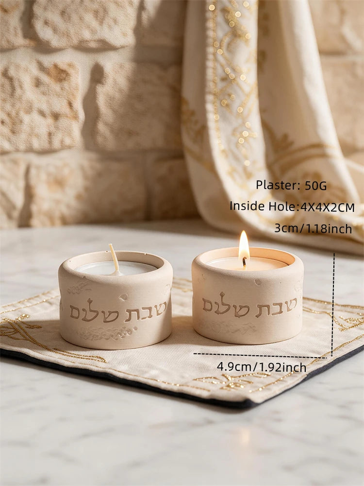 Low round candle holder with Hebrew lettering and measurement labels