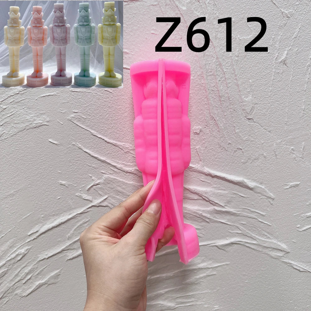 Pink silicone mold labeled Z612 for a traditional nutcracker figure