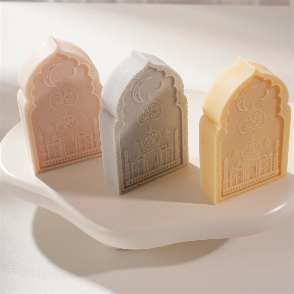 Pastel mosque reliefs on a round display stand