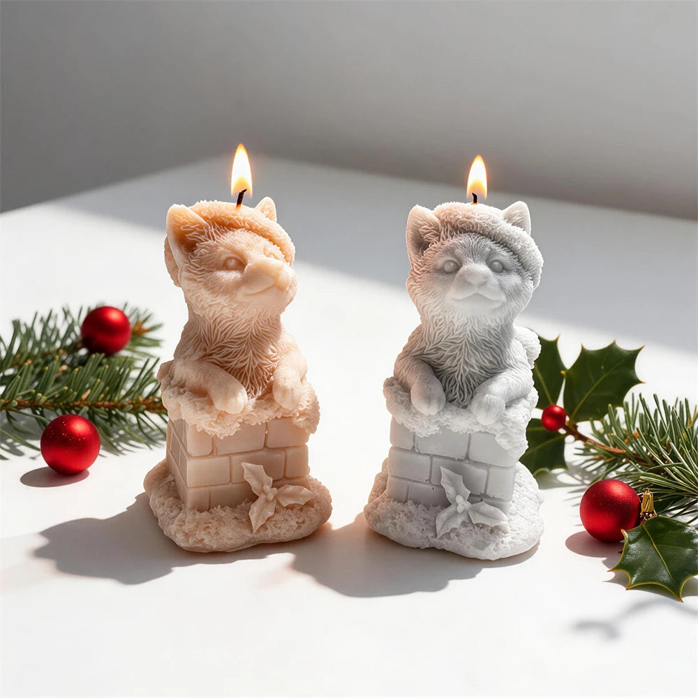 Squirrel and pointed-ear pet candles in brick chimneys