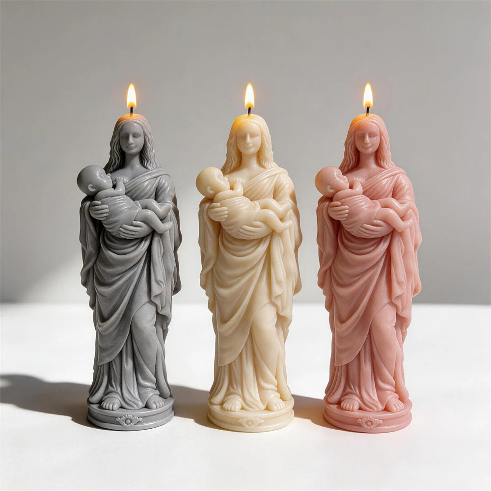 Angled view of draped robes and round figure bases