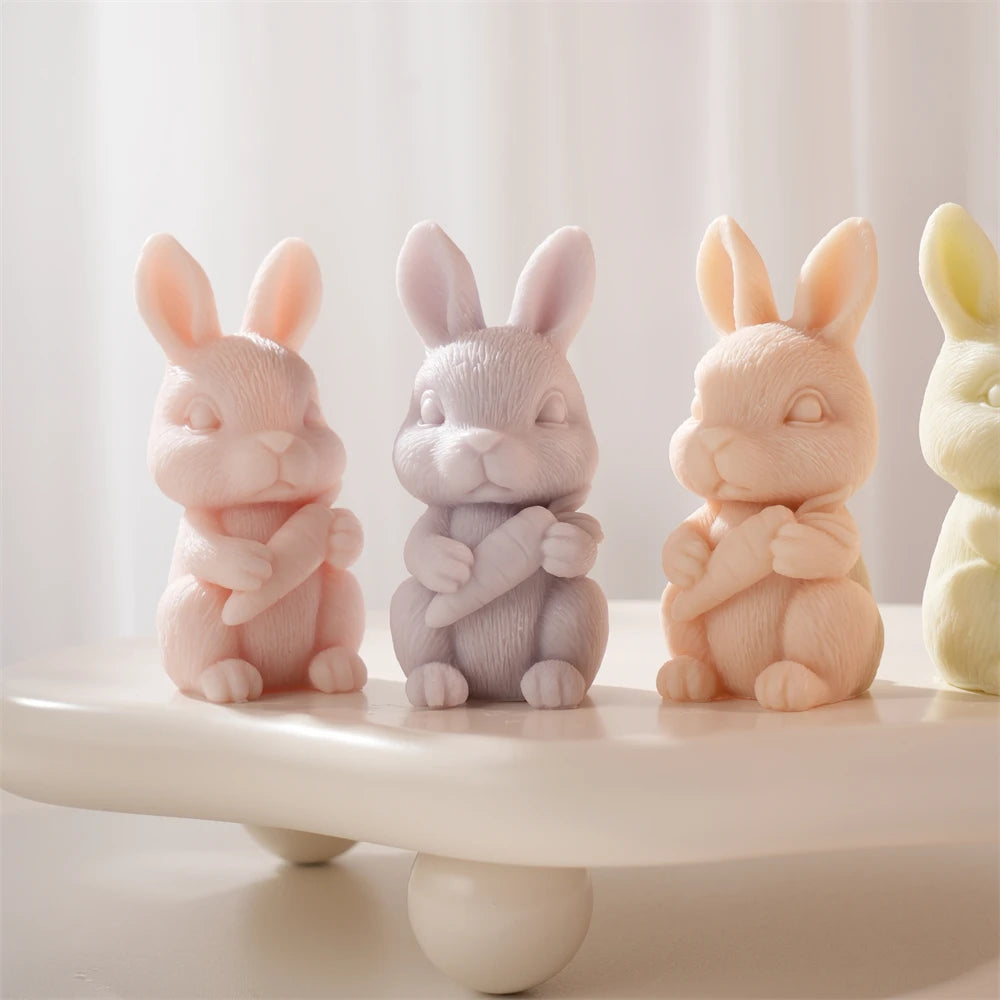Pastel Easter bunny castings on a display shelf