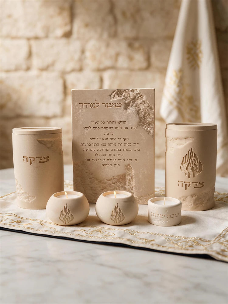Rectangular Hebrew inscription plaque with rugged stone-like border beside decorative holders