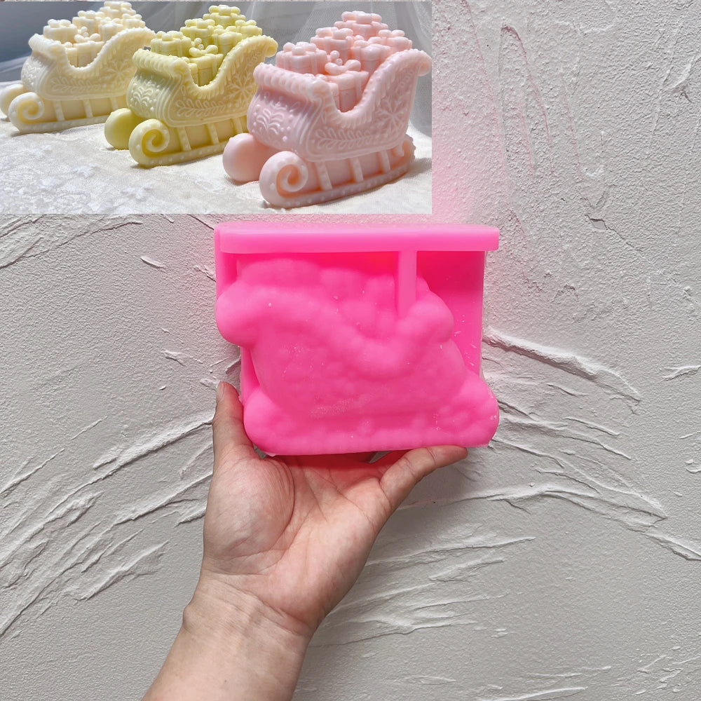 Pink silicone mold for the gift-filled Christmas sleigh candle