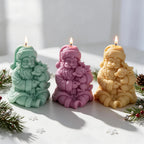 Close frontal view of Santa beard and reindeer detail in pastel candle castings