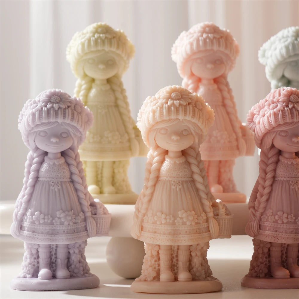 Close view of flower-trimmed caps, braided hair and patterned skirts