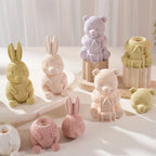Angled view of dotted rabbit and cottage-holding bear containers