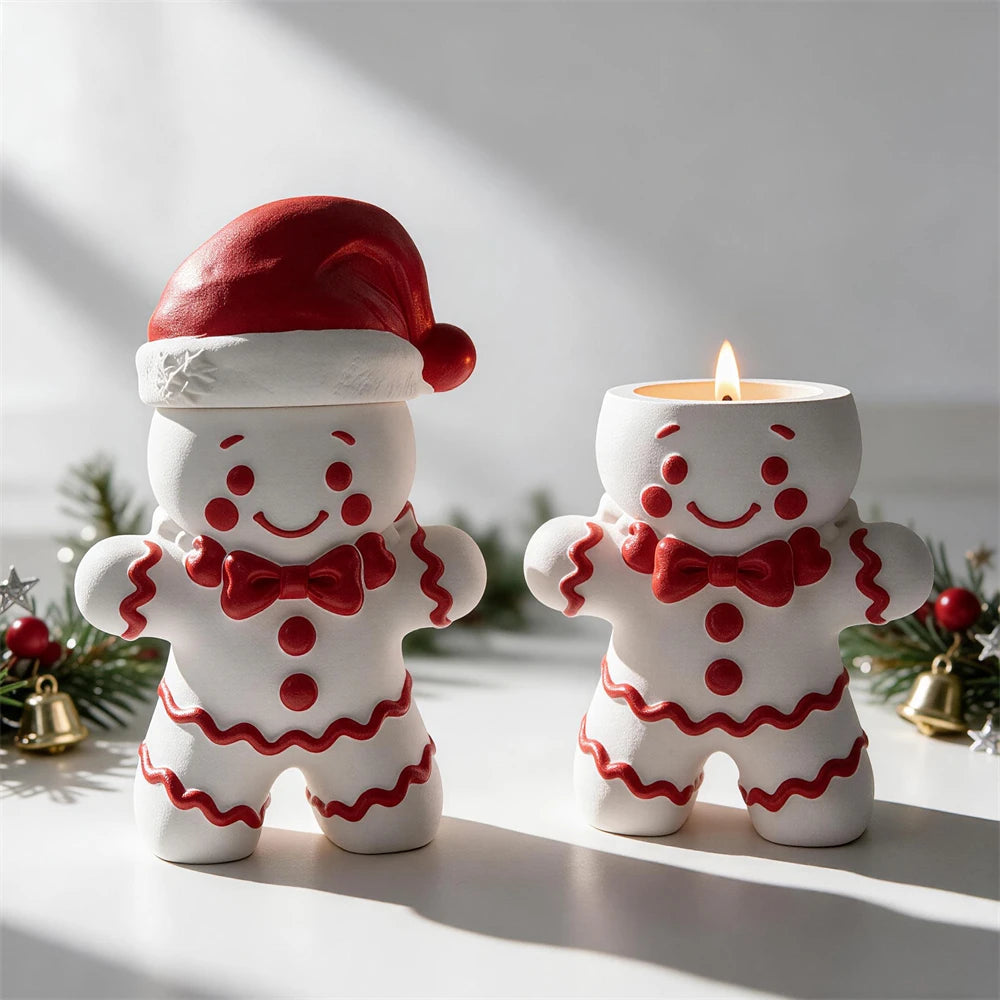 Gingerbread vessel with winter hat beside an open body-shaped container