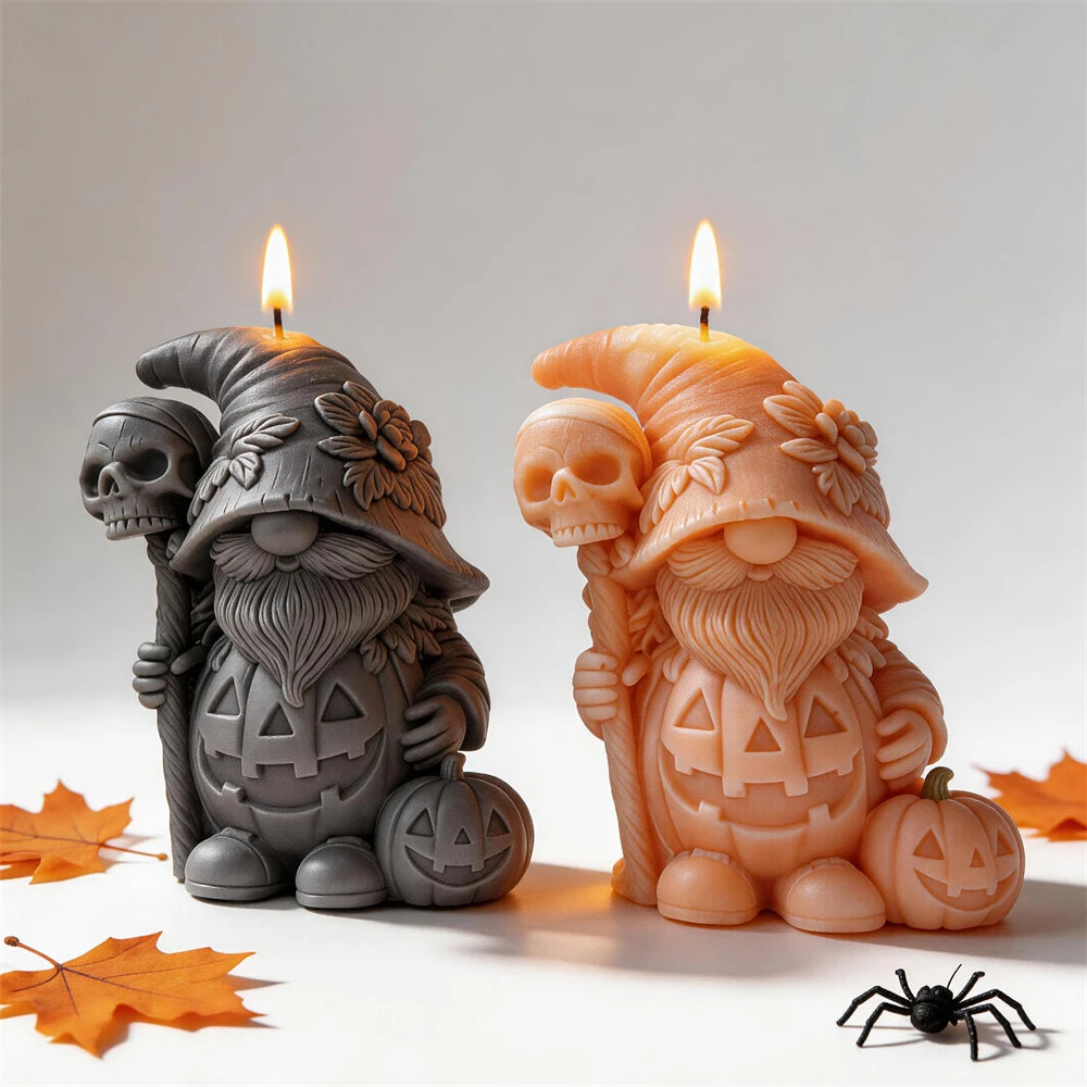 Skull staff gnome candle samples beside jack-o'-lantern details