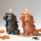 Skull staff gnome candle samples beside jack-o'-lantern details