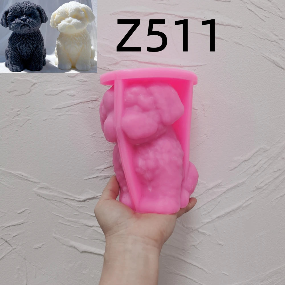 Pink silicone seated puppy mold labeled Z511 held open