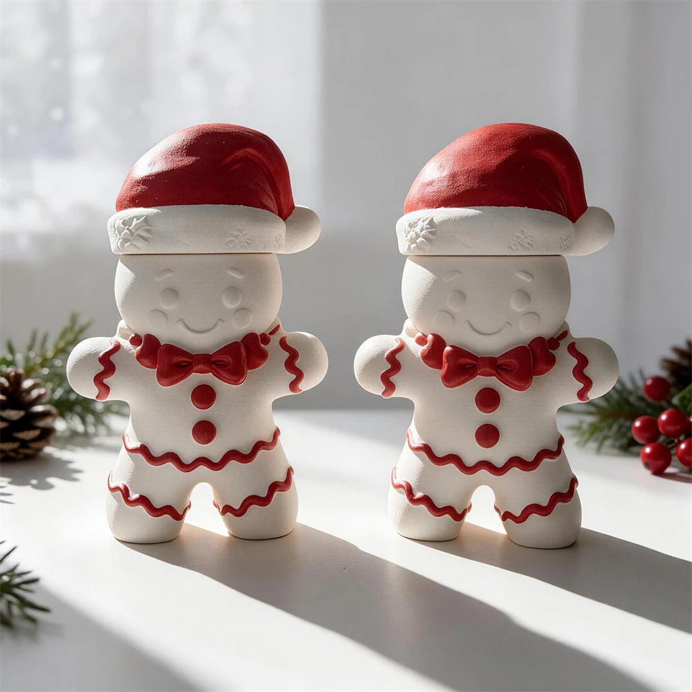 Two complete gingerbread lidded vessel castings with smiling faces