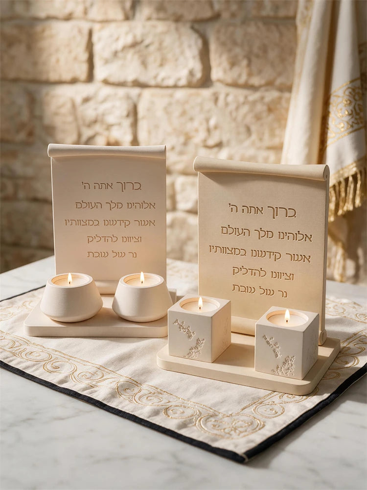 Decorative Hebrew scroll plaques with candles and accessories staged in front