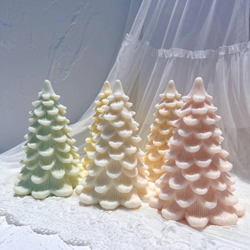 Front view of scalloped-branch tree samples in cream, green and pink