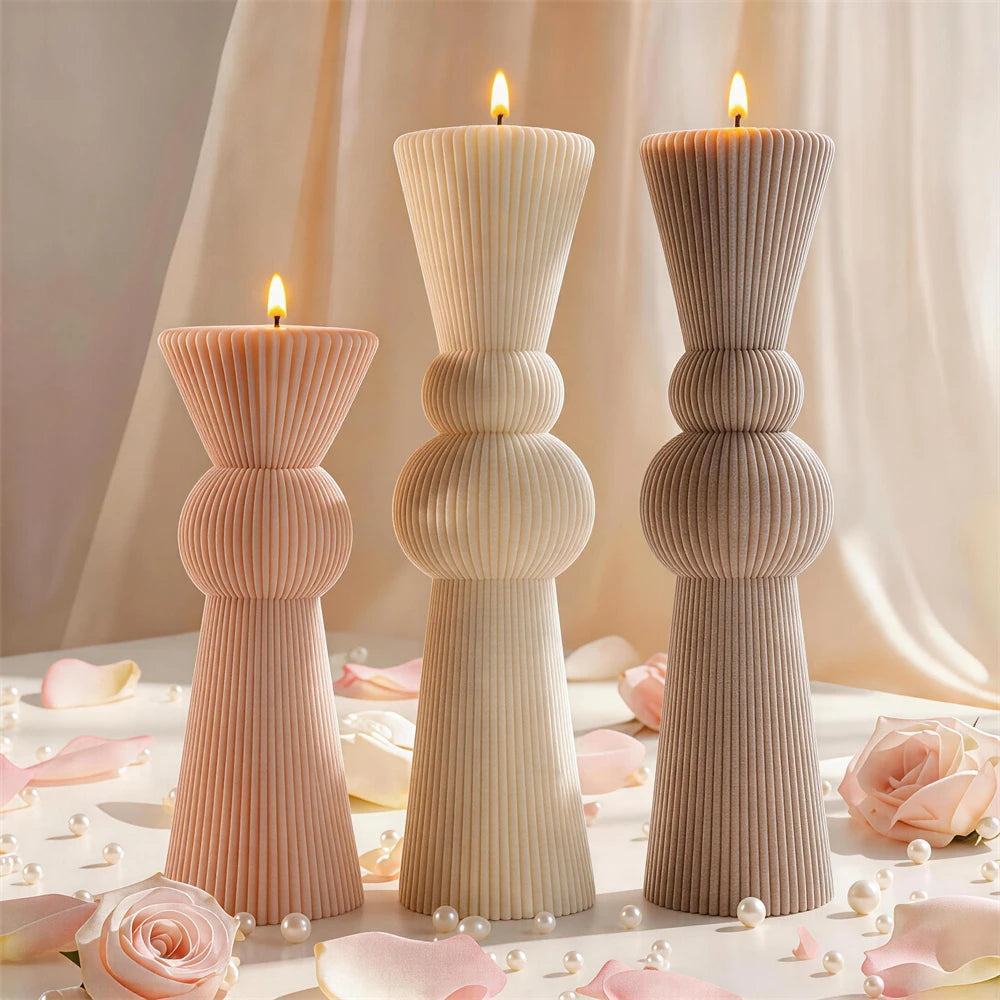 Tall ribbed sphere candle samples in 30 cm and 40 cm designs