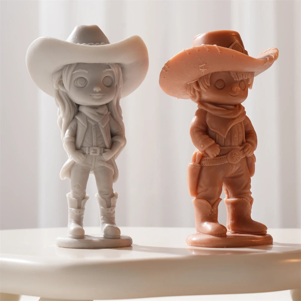 Front view of two western figures on oval bases