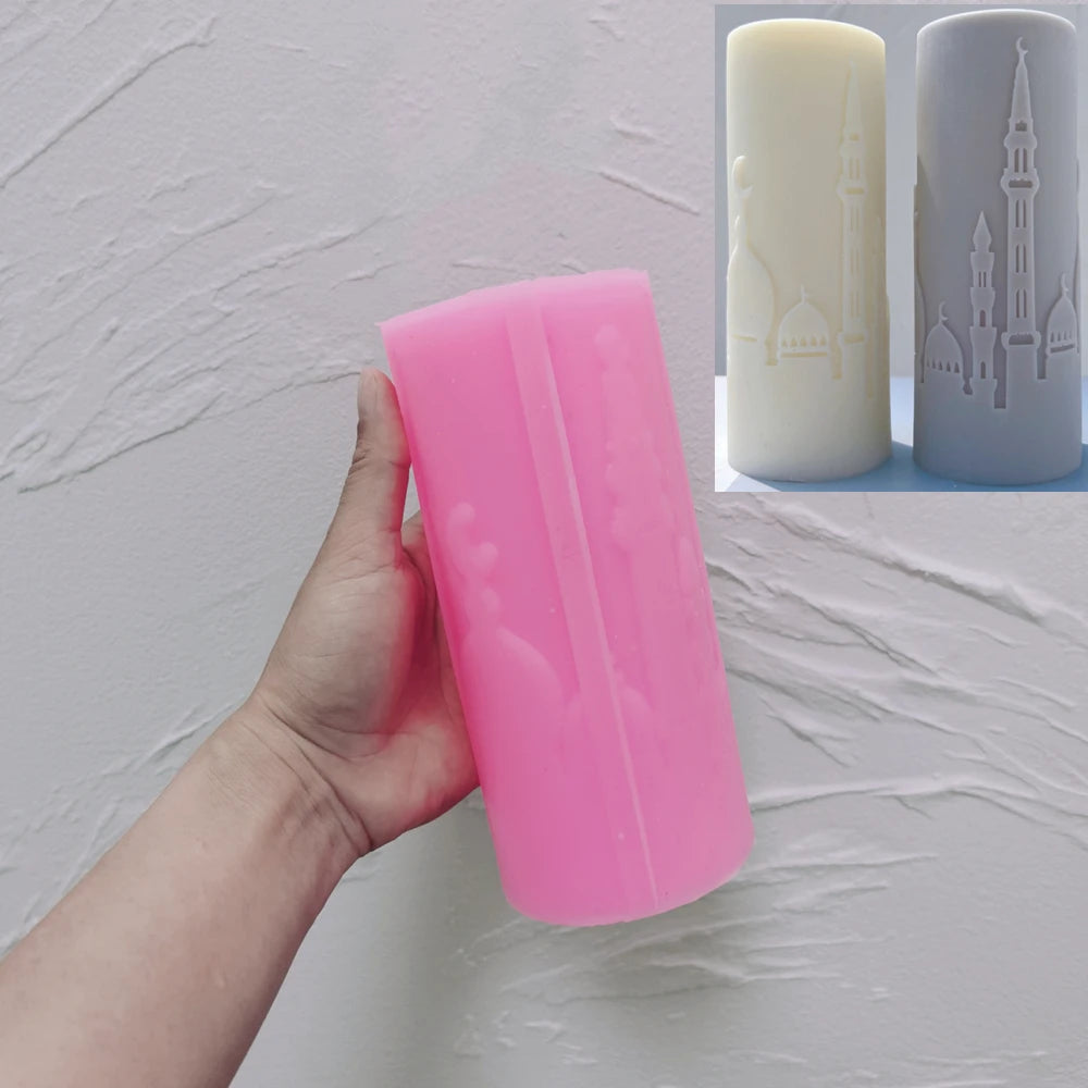 Pink silicone Skyline Pillar mold with architectural relief