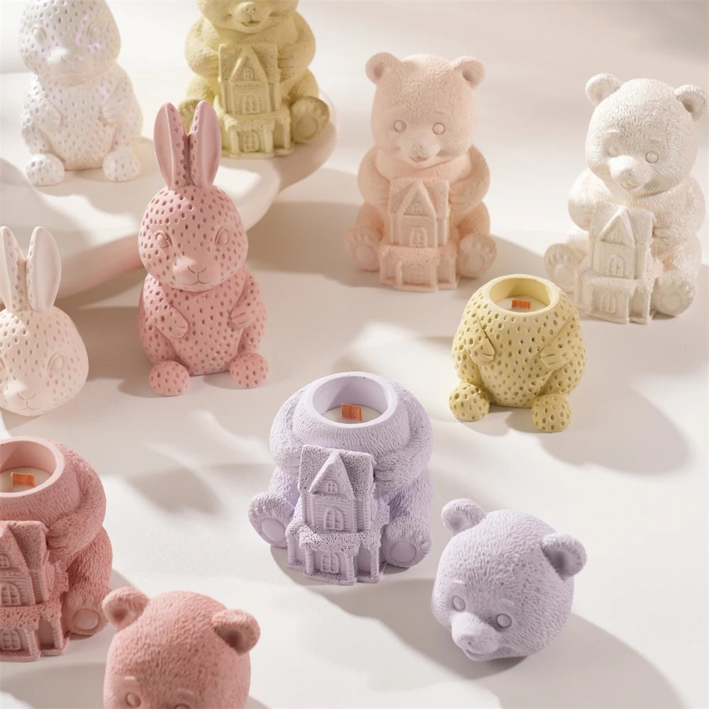 Rabbit and bear jars displayed at different heights
