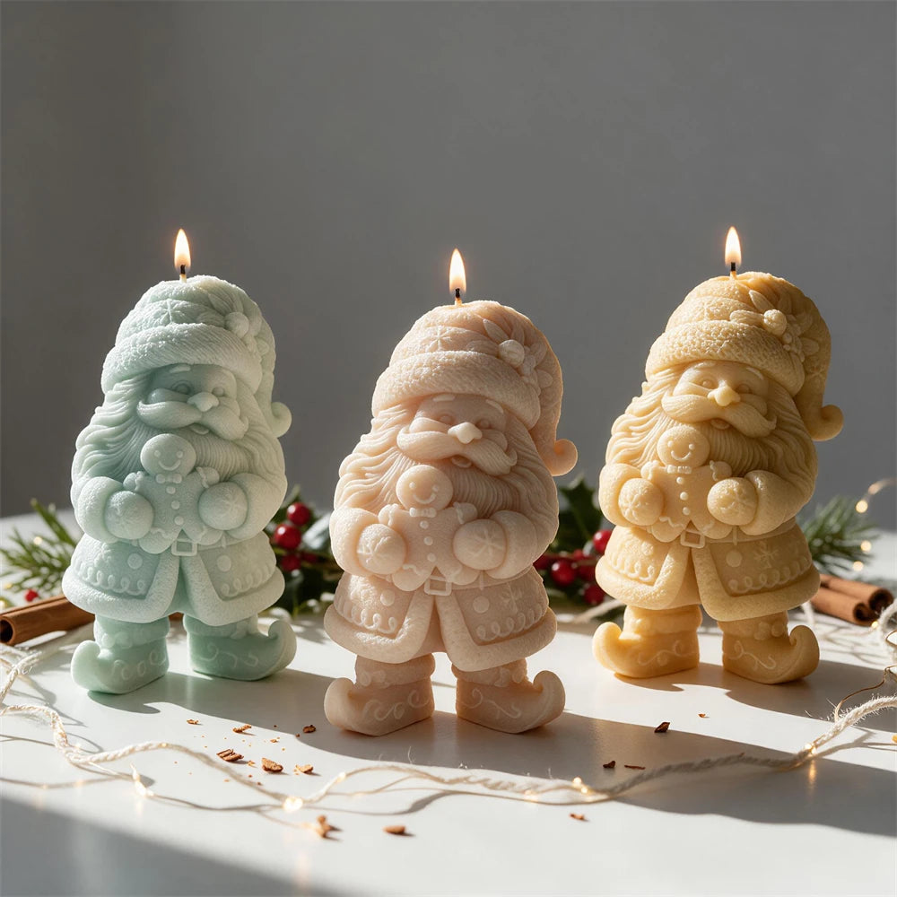 Gnome and gingerbread man candles on a festive surface