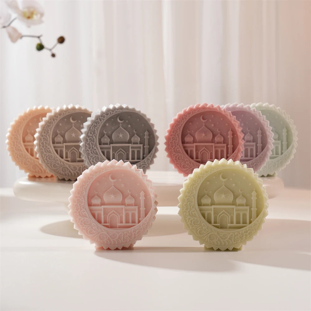 Pastel round medallion castings displayed upright in a group