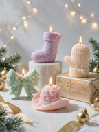 Lit knitted-look stocking and winter accessory candle castings
