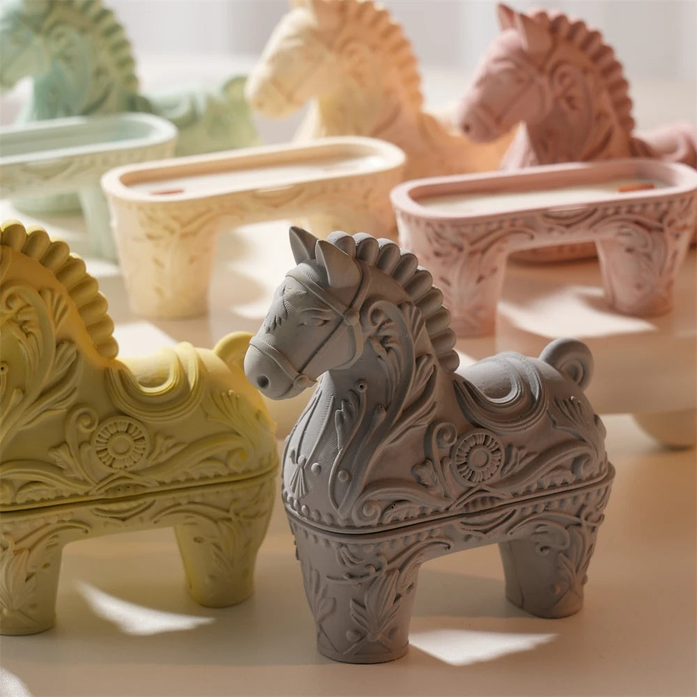 Ornate horse-shaped hollow decorative holders in several casting colors