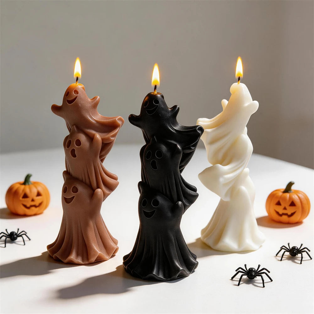 Brown, black and cream ghost tower candle examples