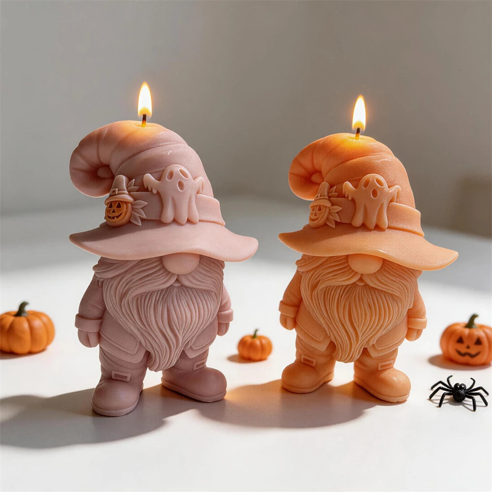 Pink and orange ghost hat gnome candle samples