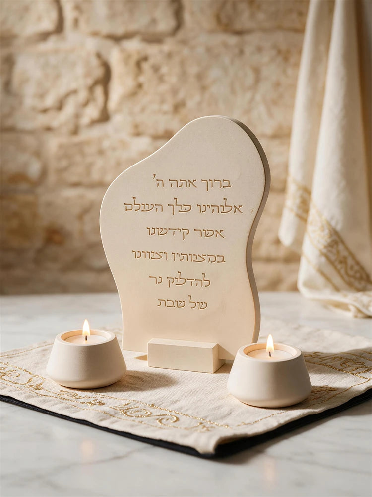 Curved freestanding Hebrew-inscription plaque with separate tealights