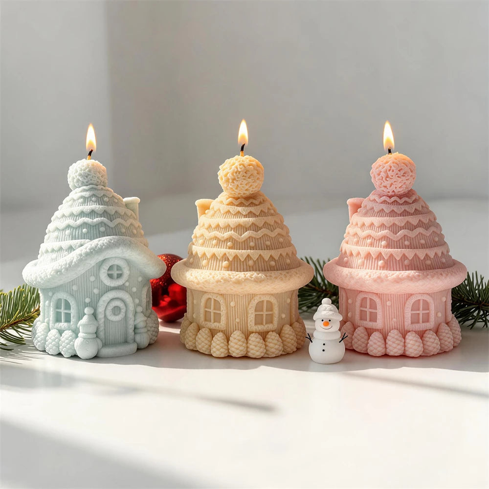 Front and rear cottage candle views showing roof layers and side windows