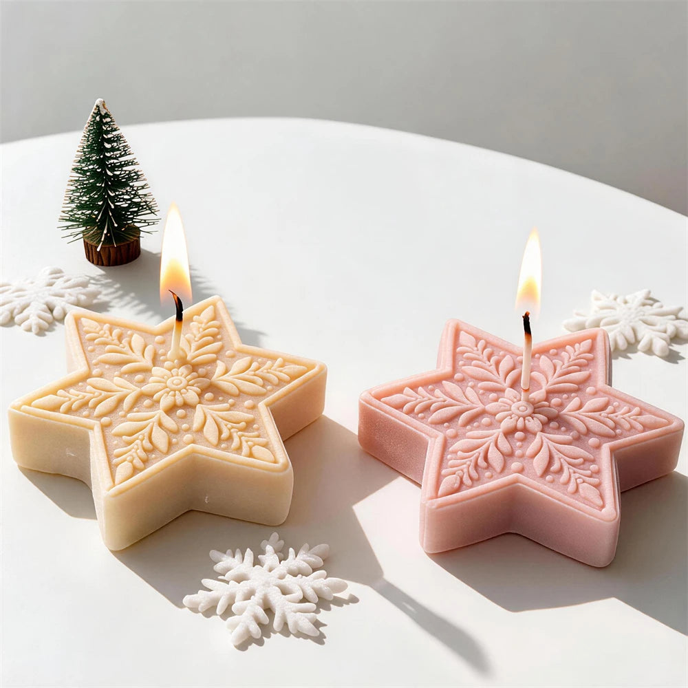 Cream and pink star candles displayed flat with floral patterns