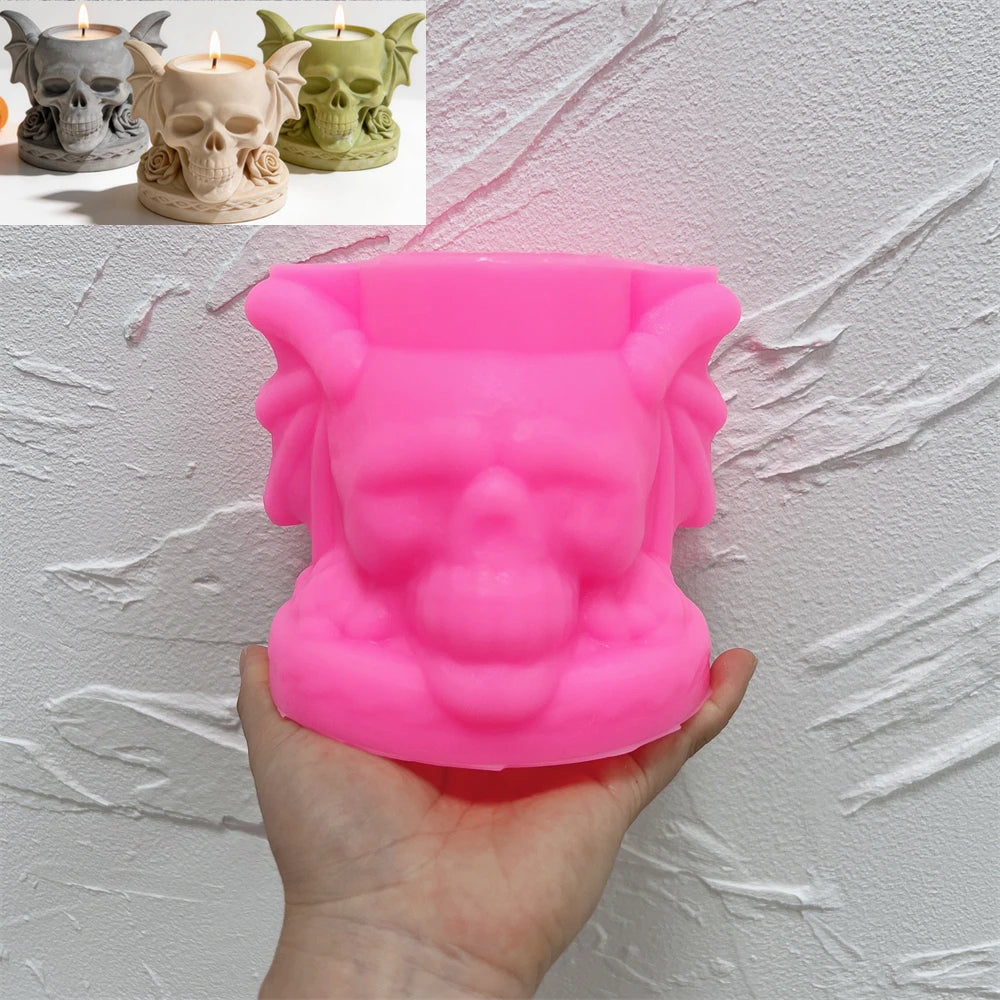 Pink silicone mold for skull holder with bat wings and roses