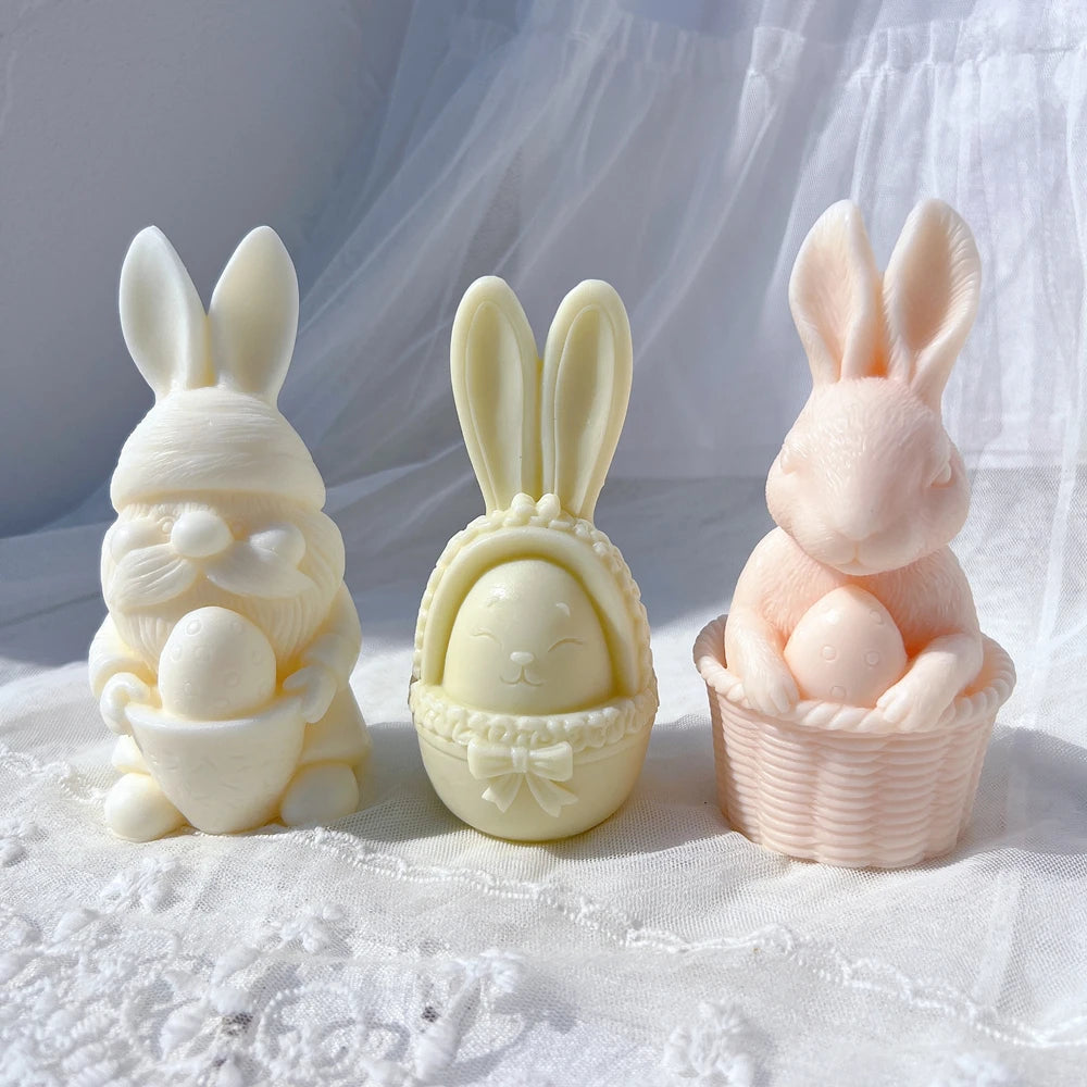 Front views of bunny-ear baskets gnomes and rabbits