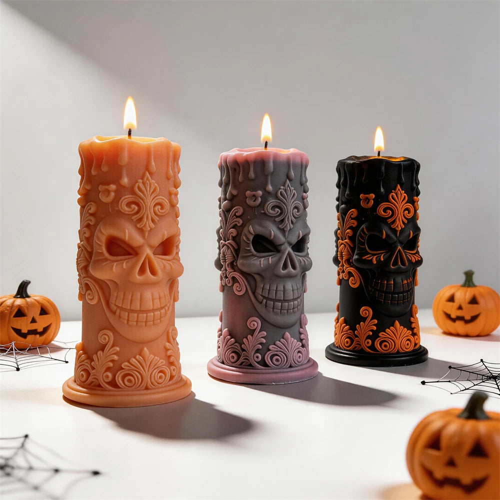Skull relief pillar candle samples with molded dripping-wax detail