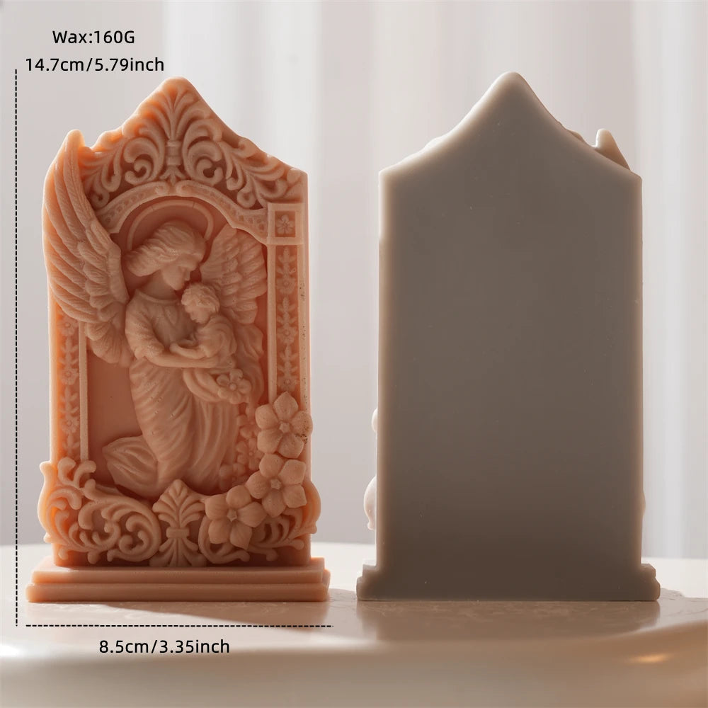 Angel relief size diagram showing 14.7 cm height, 8.5 cm width, flat back and 160 g wax reference