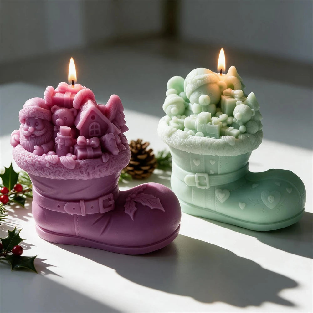 Cottage-scene boot candles in purple and green with buckle and holly details