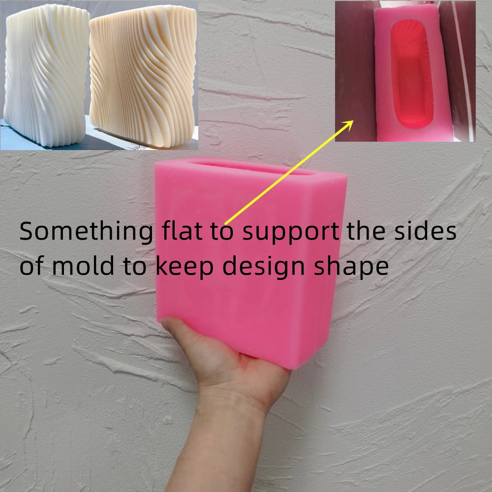 Pink silicone block mold with diagram showing flat side supports