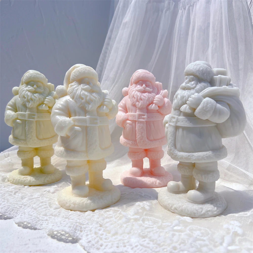 Close view of textured beards and clothing details on four Santa figurines