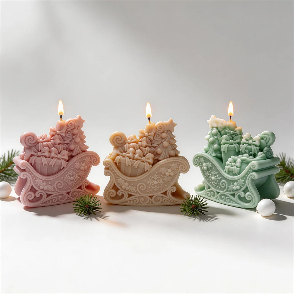Three decorated sleigh candle examples in pastel colors