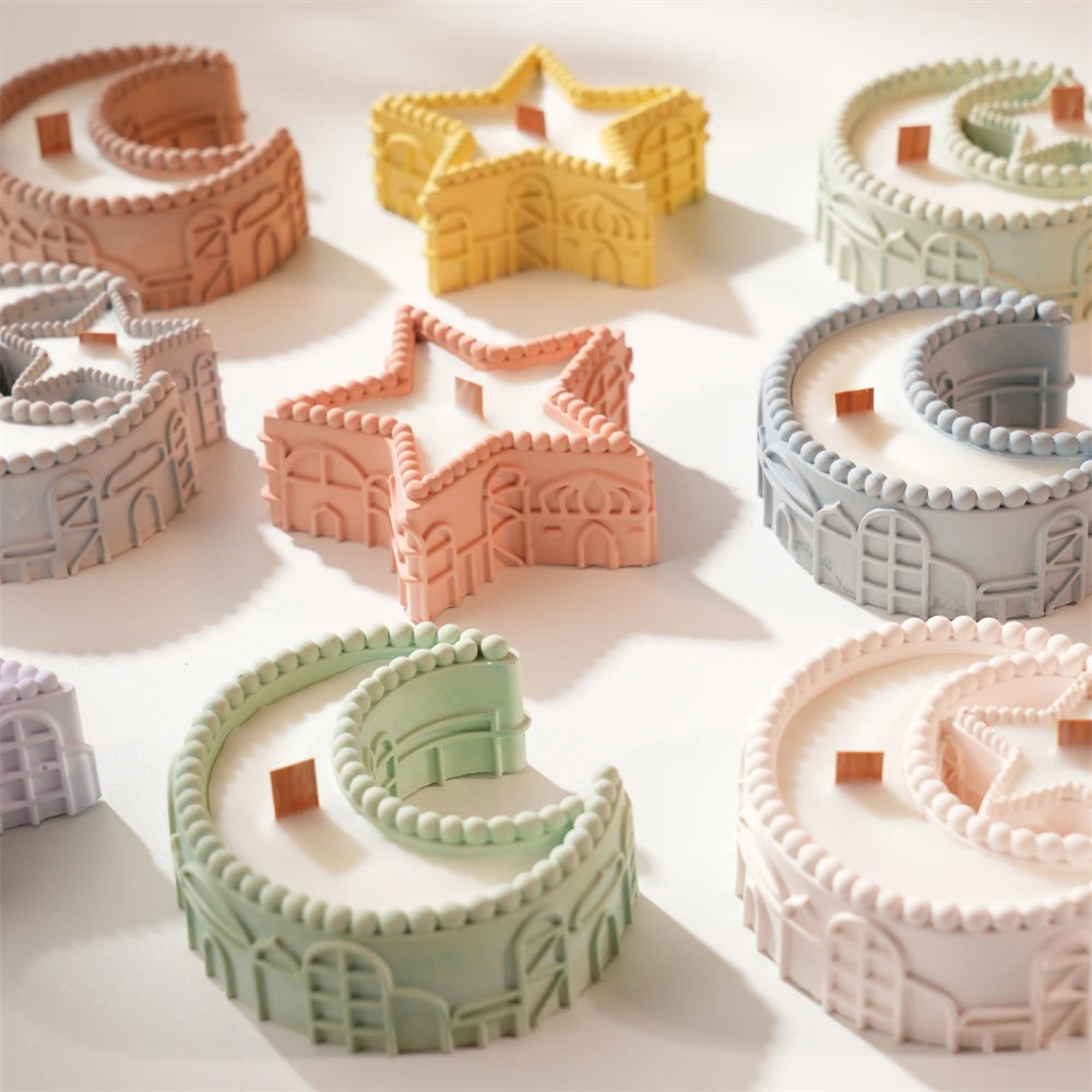 Angled display of decorative moon and star holders