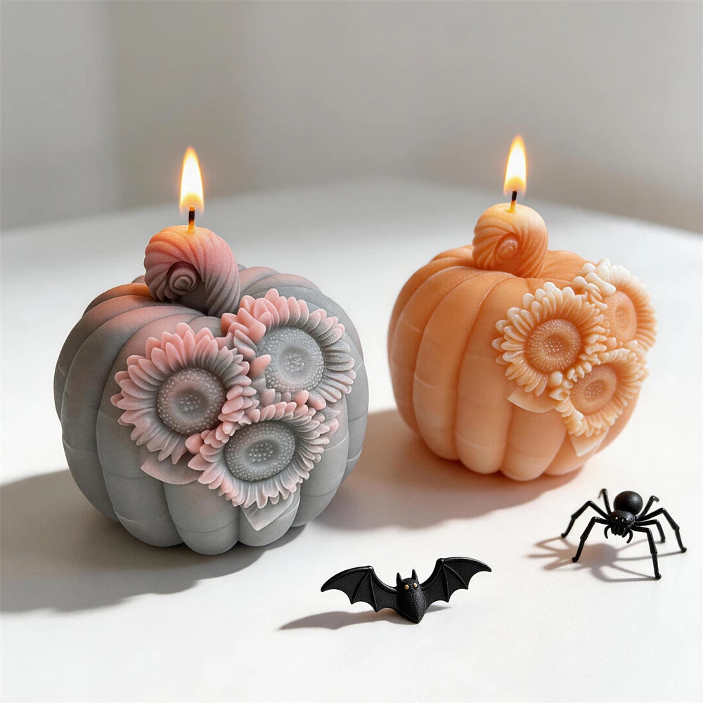 Gray and orange pumpkins decorated with three sunflowers