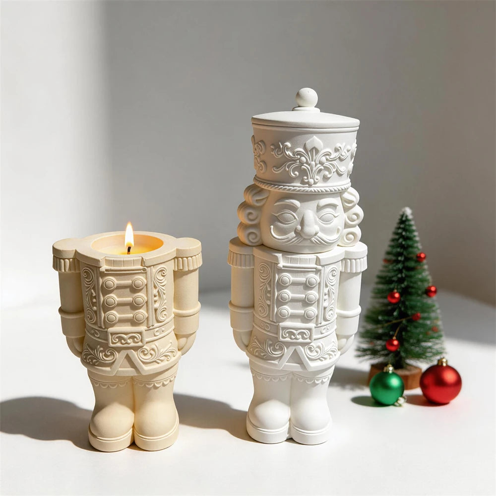 Open nutcracker vessel with lower uniform and boots beside a complete lidded figure
