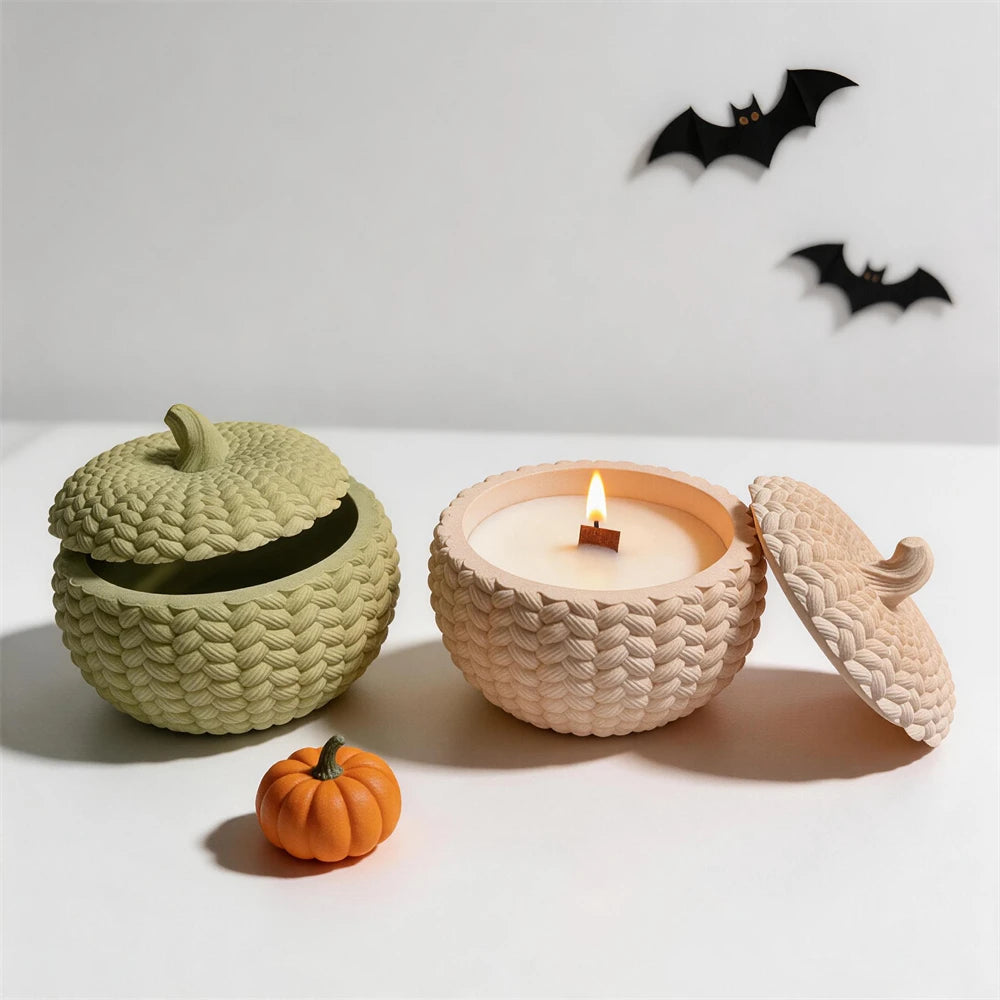 Closed and open knitted pumpkin vessels with stem-topped lids
