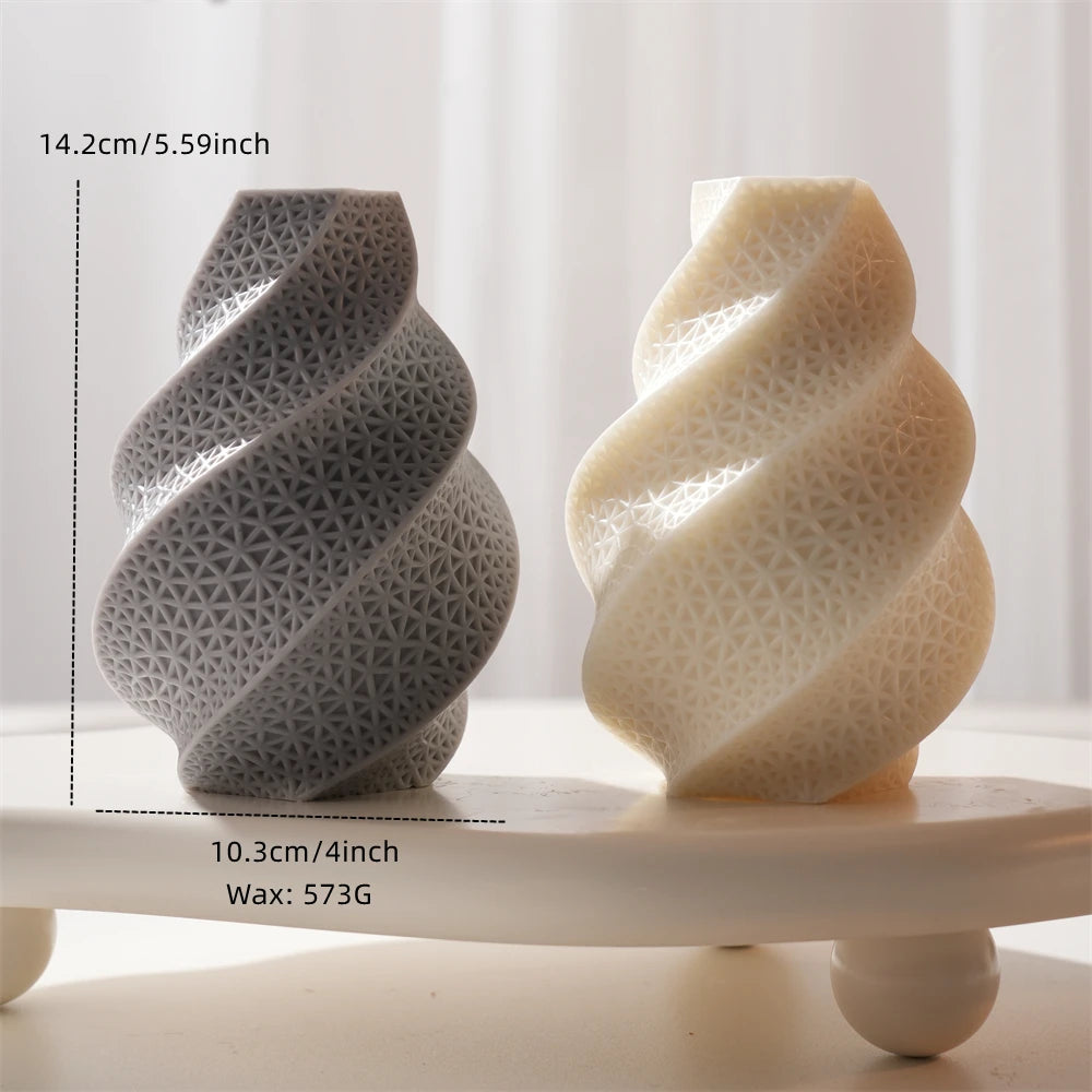 Swirl pillar diagram showing 14.2 cm height, 10.3 cm width and 573 g wax estimate