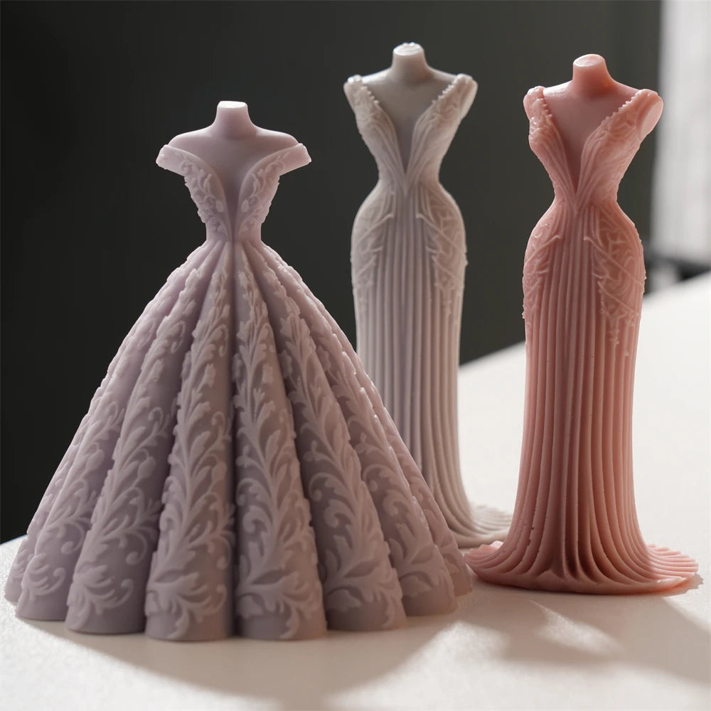 Full-skirt and fitted bridal gown castings with ornamental fabric detail